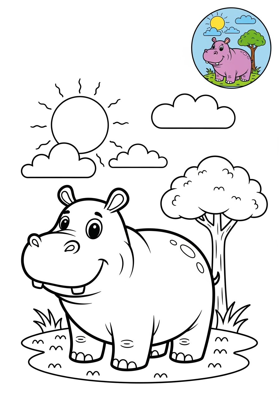 medium animals Mammals (Forest/Farm) hippo kids coloring page 1
