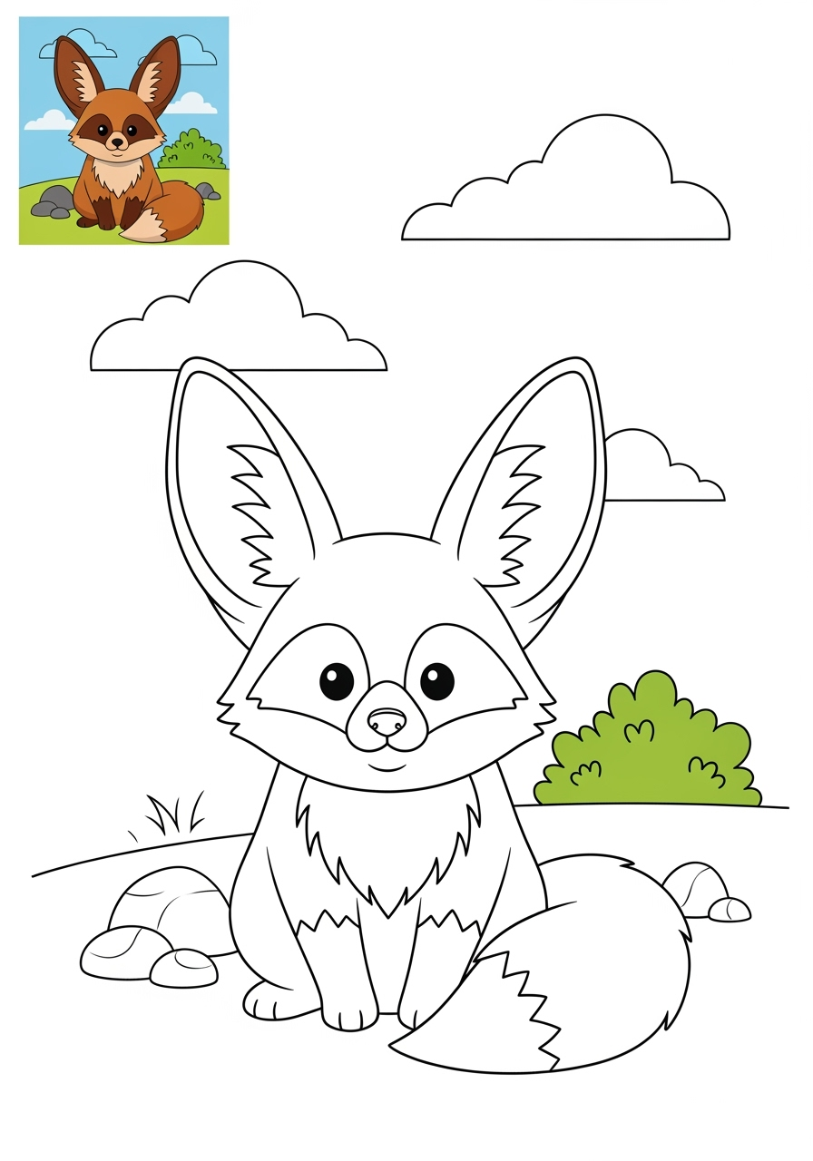 medium animals Savanna & Grassland bat eared fox kids coloring page 1