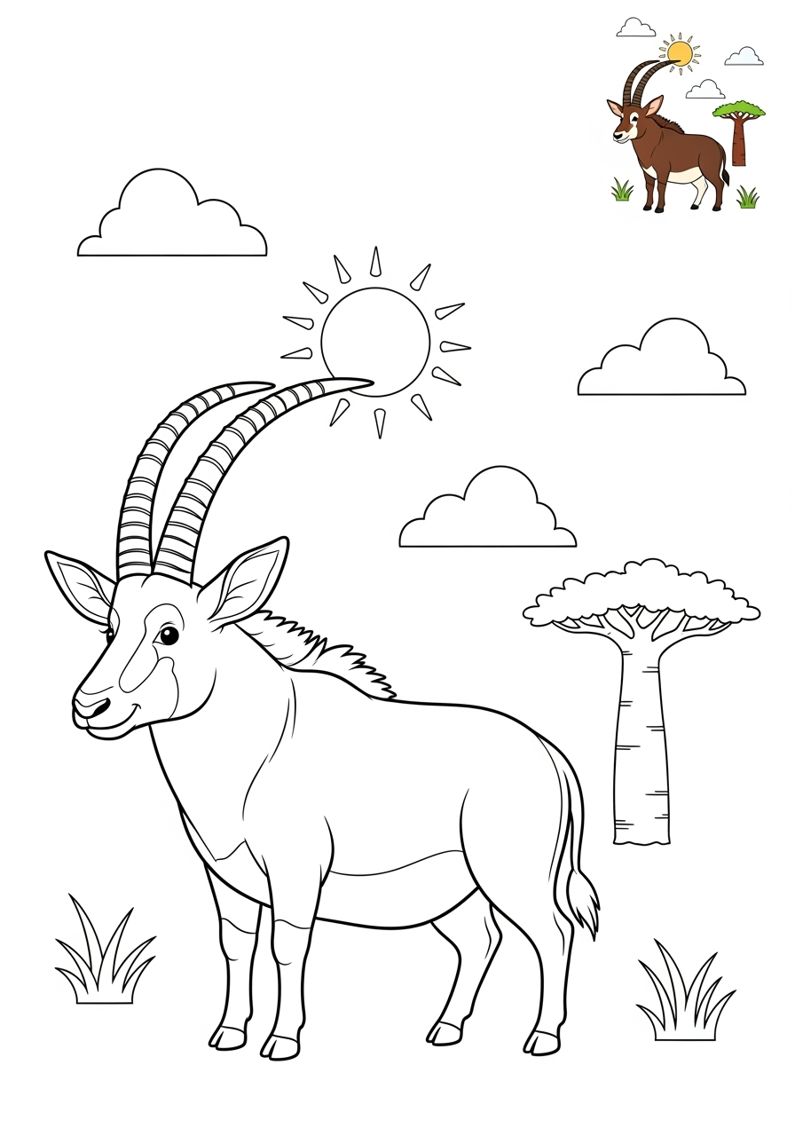 medium animals Savanna & Grassland sable antelope kids coloring page 1