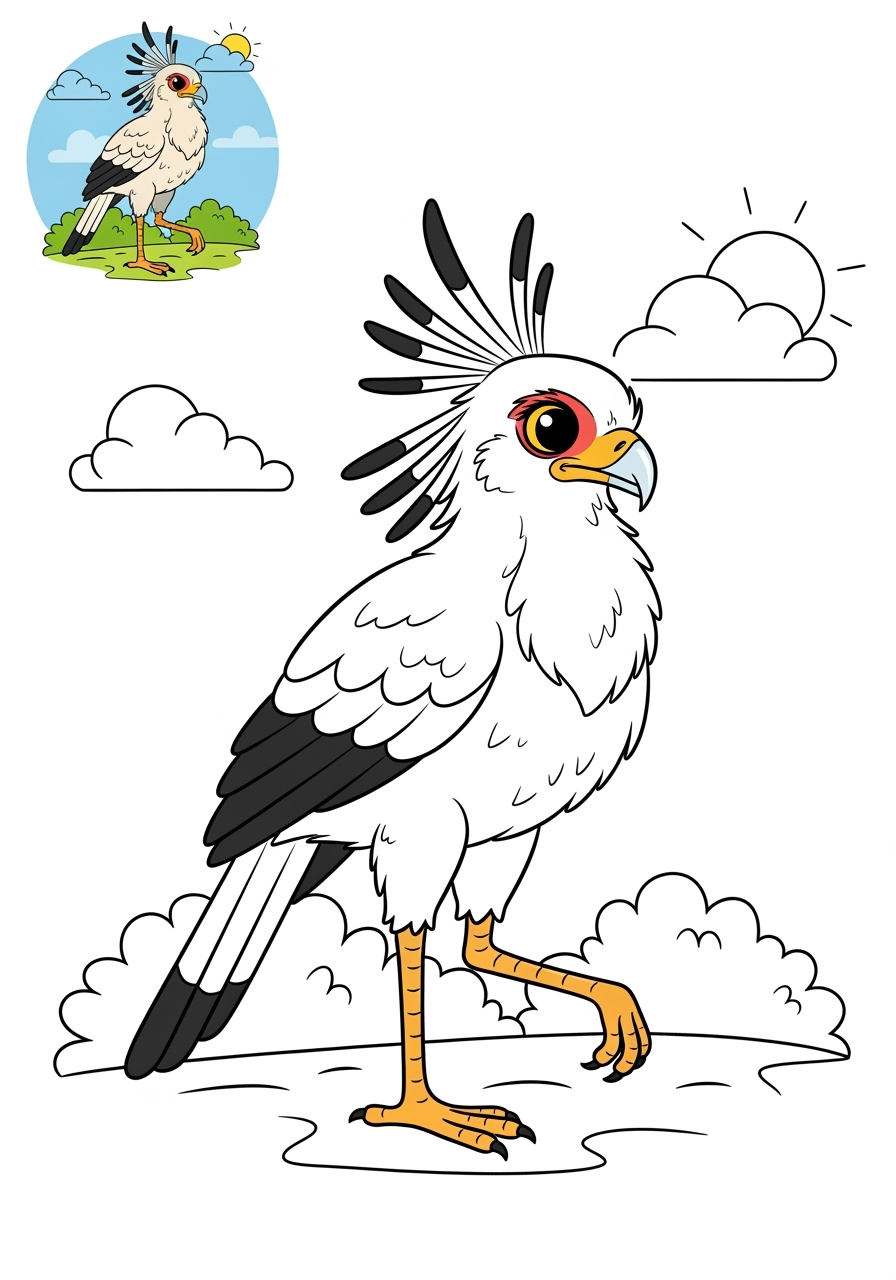 medium animals Savanna & Grassland secretary bird kids coloring page 1