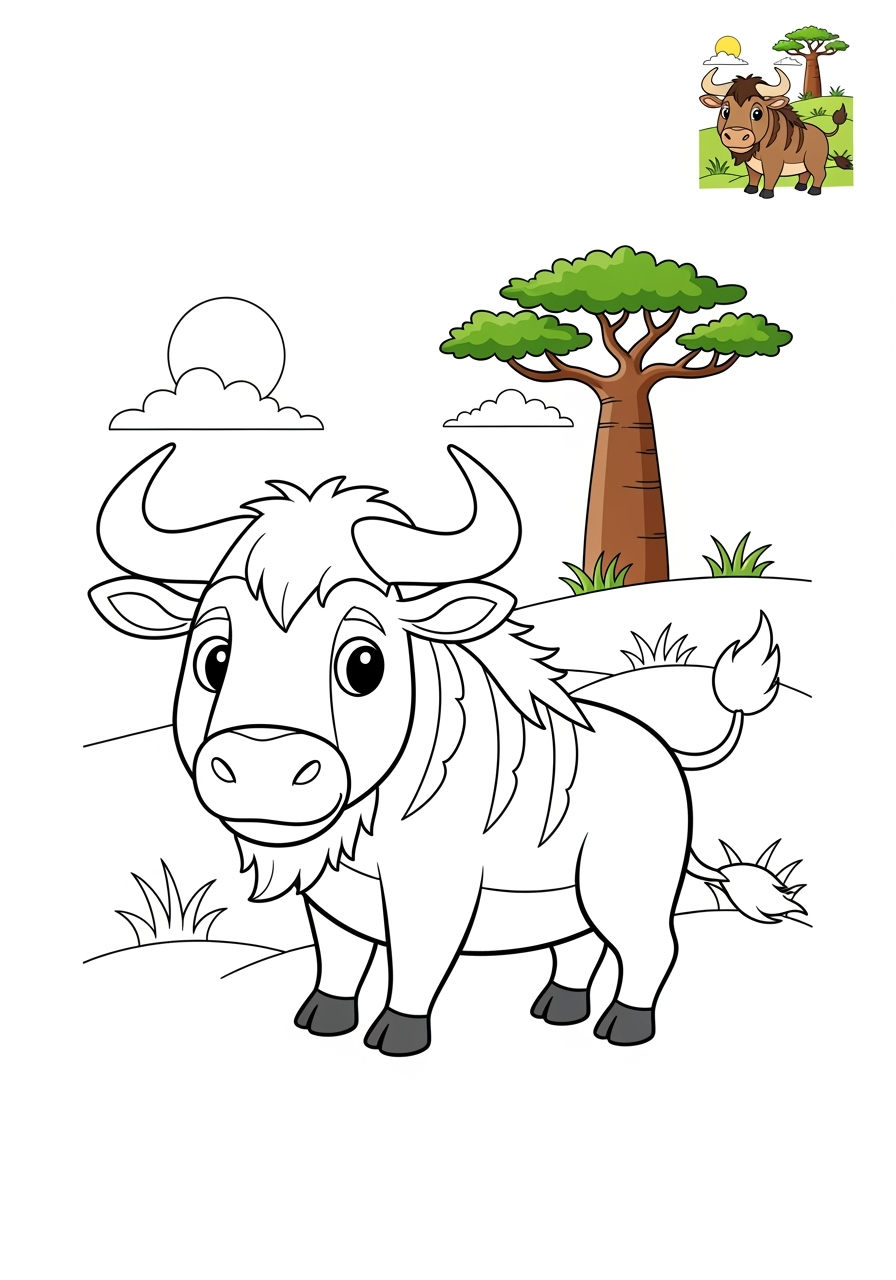 medium animals Savanna & Grassland wildebeest2 kids coloring page 0