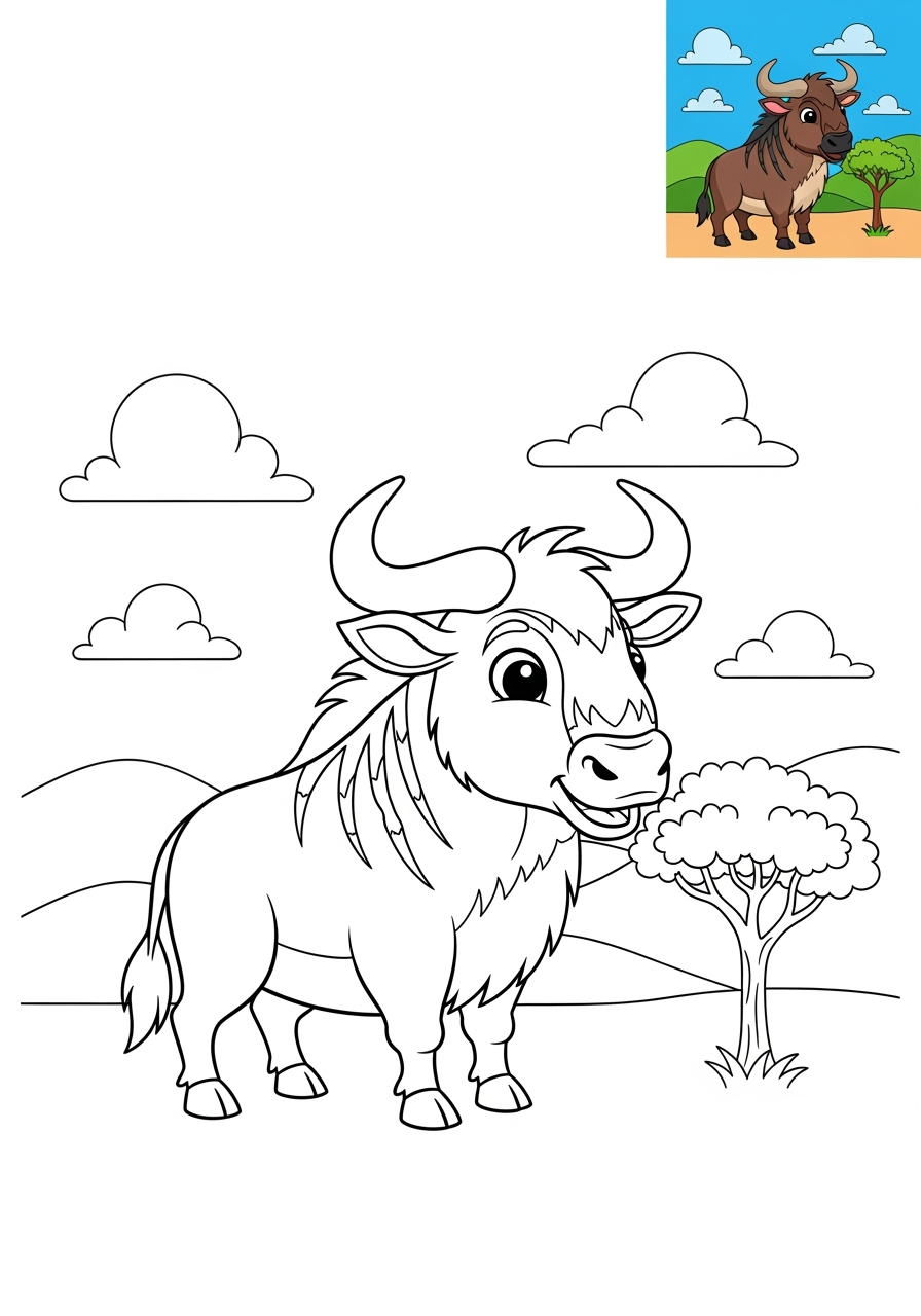 medium animals Savanna & Grassland wildebeest2 kids coloring page 1