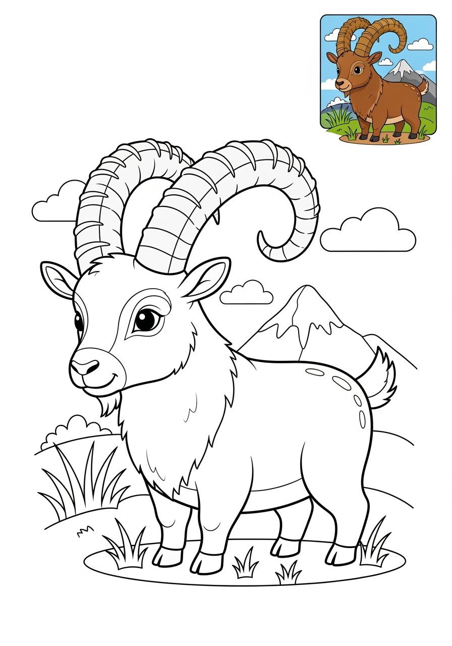 medium animals Mountain & Alpine ibex kids coloring page 0