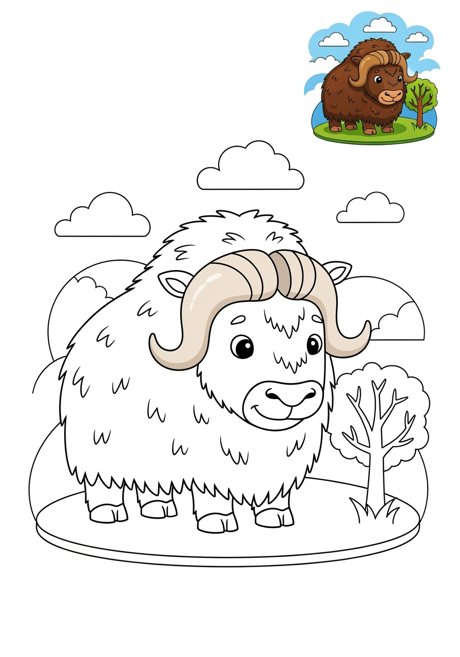 medium animals Mountain & Alpine musk ox kids coloring page 0