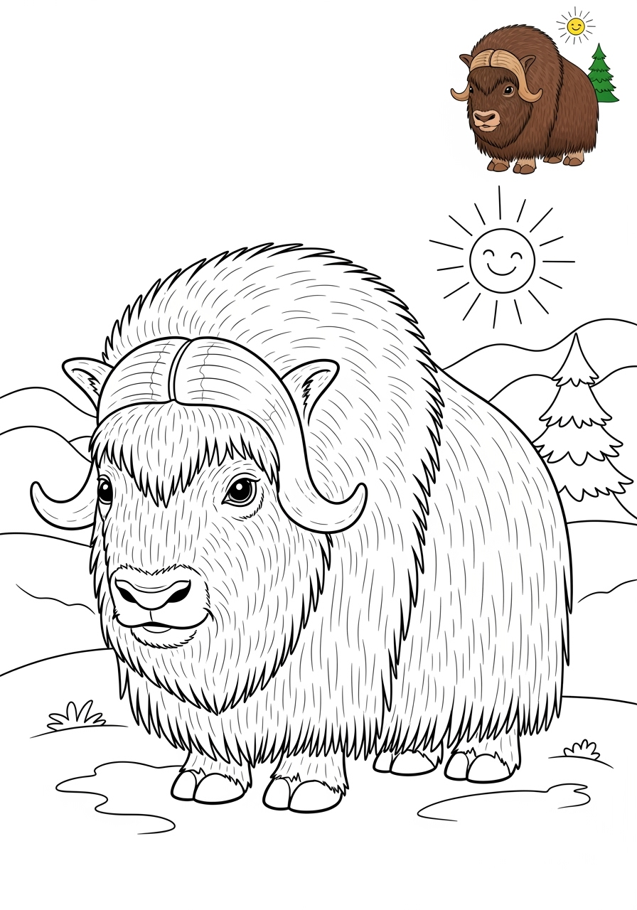 medium animals Mountain & Alpine musk ox kids coloring page 1