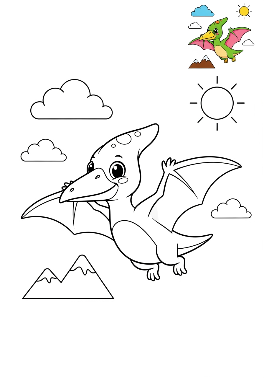 medium animals Dinosaurs pterodactyl kids coloring page 1