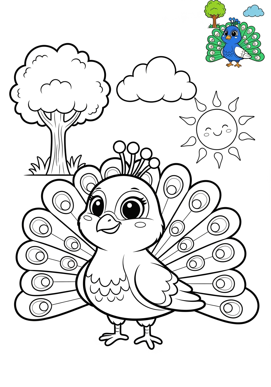 medium animals Birds peacock kids coloring page 1