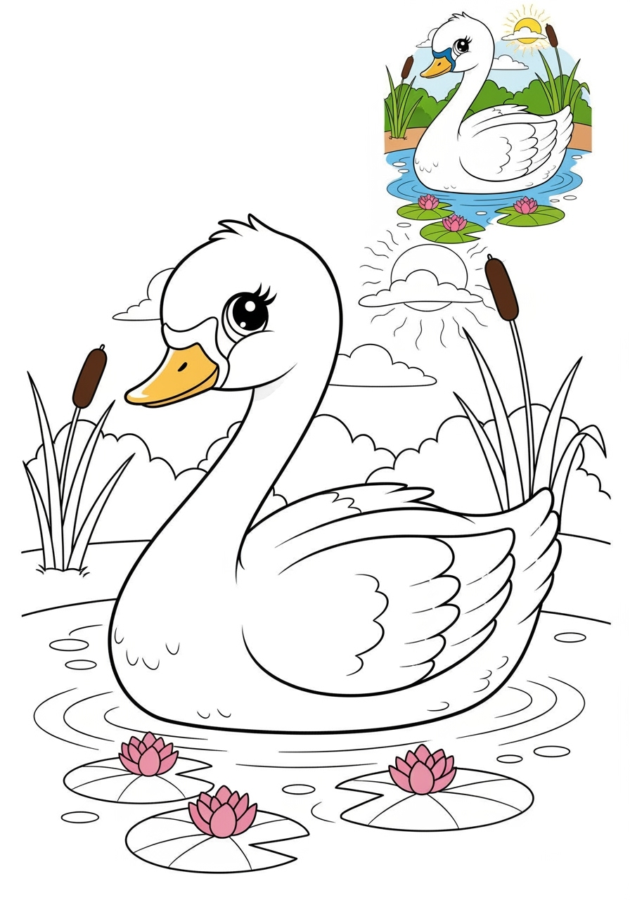 medium animals Birds swan kids coloring page 0
