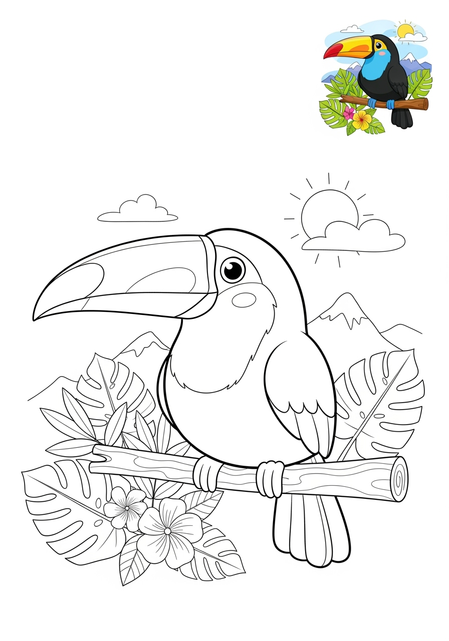 medium animals Birds toucan kids coloring page 1