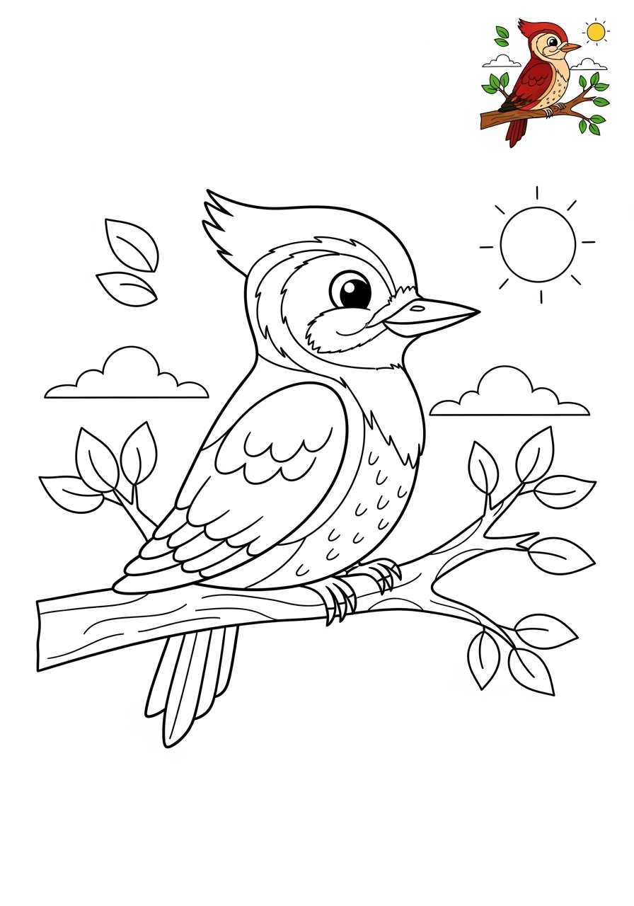 medium animals Birds woodpecker kids coloring page 1
