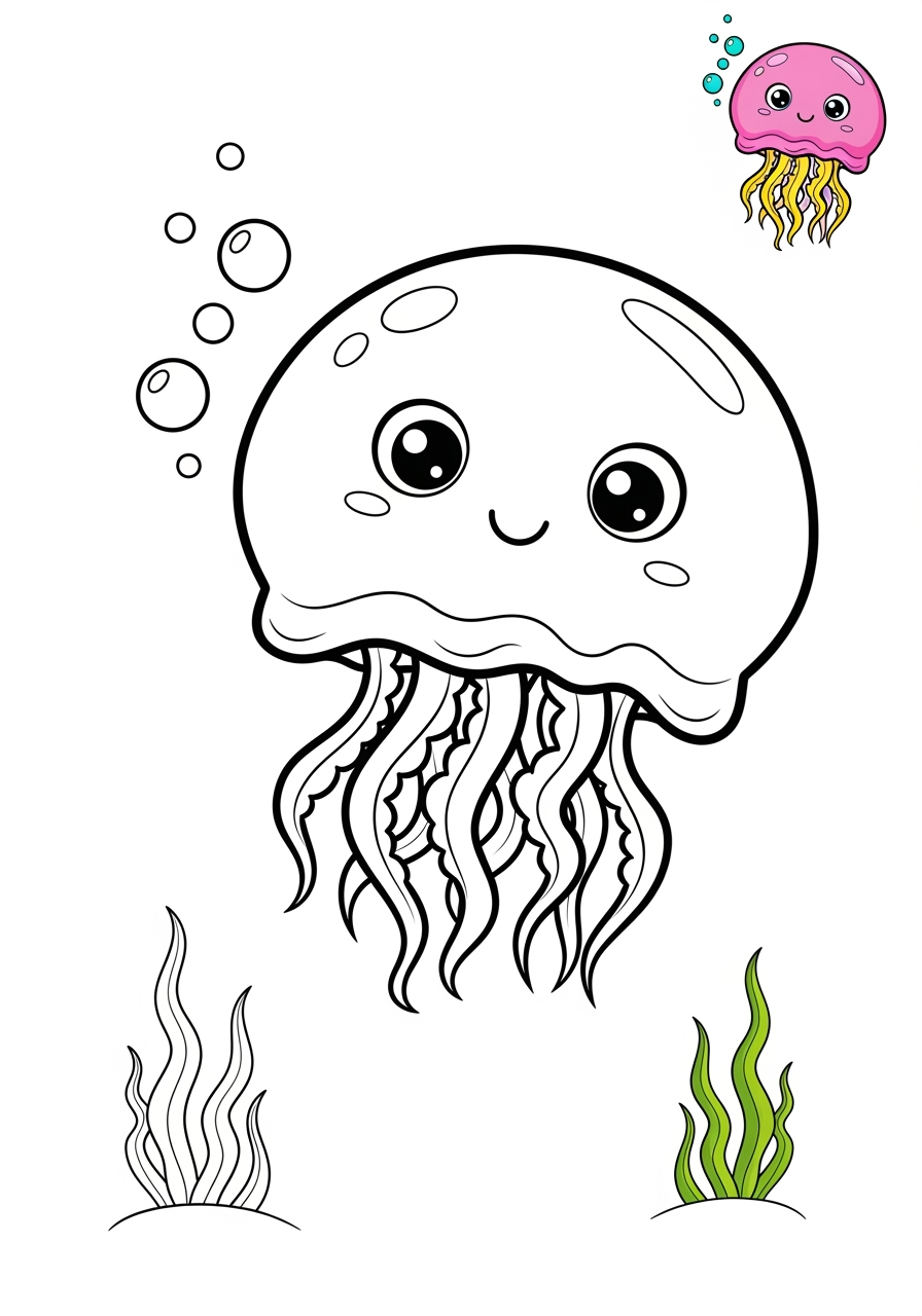 medium animals Marine Animals (Fish & Mammals) jellyfish kids coloring page 1
