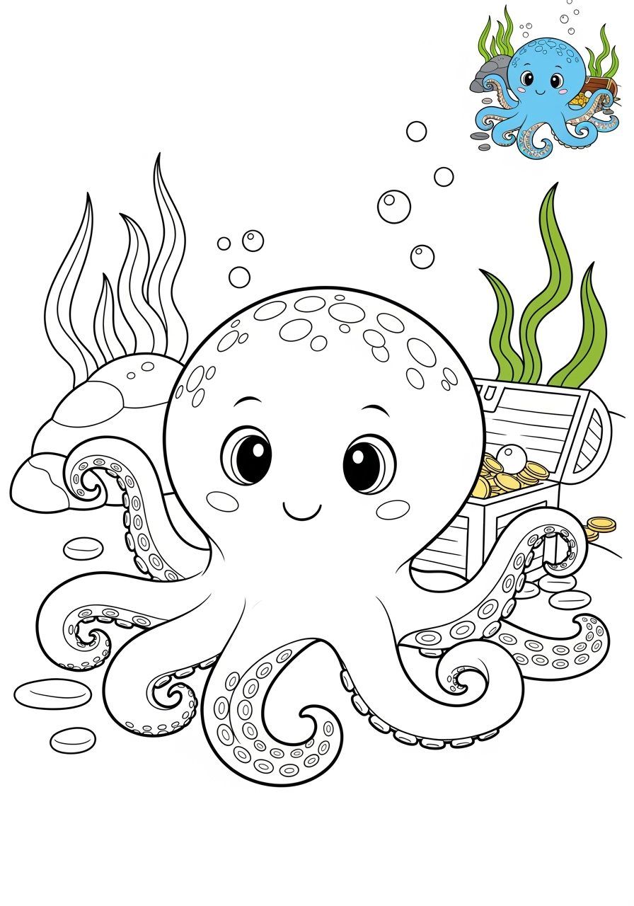 medium animals Marine Animals (Fish & Mammals) octopus kids coloring page 1