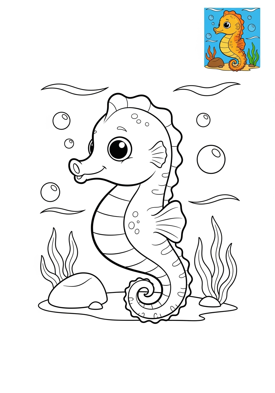 medium animals Marine Animals (Fish & Mammals) seahorse kids coloring page 0