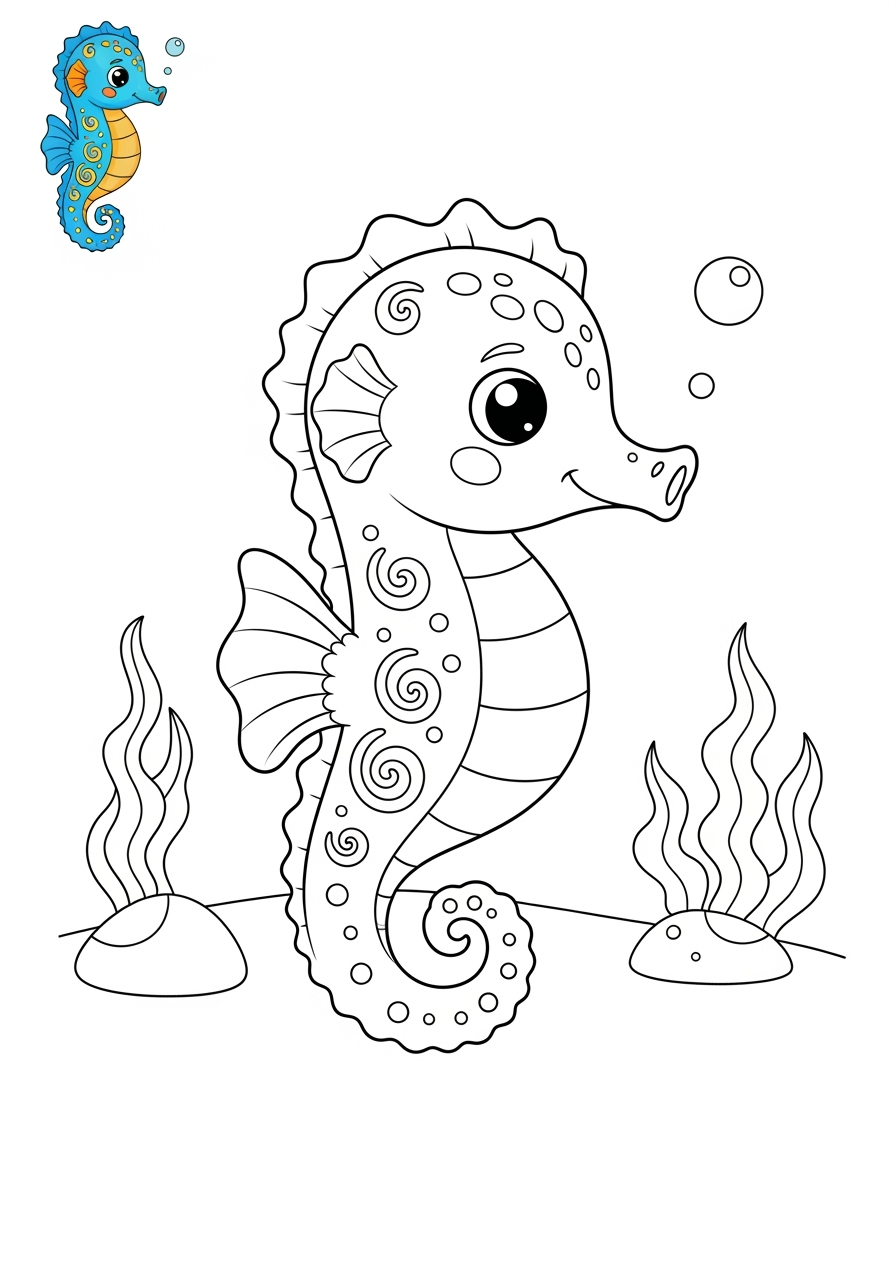 medium animals Marine Animals (Fish & Mammals) seahorse kids coloring page 1