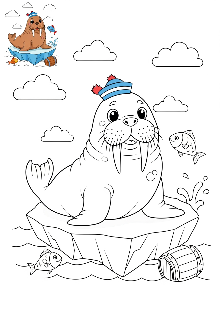 medium animals Marine Animals (Fish & Mammals) walrus kids coloring page 1