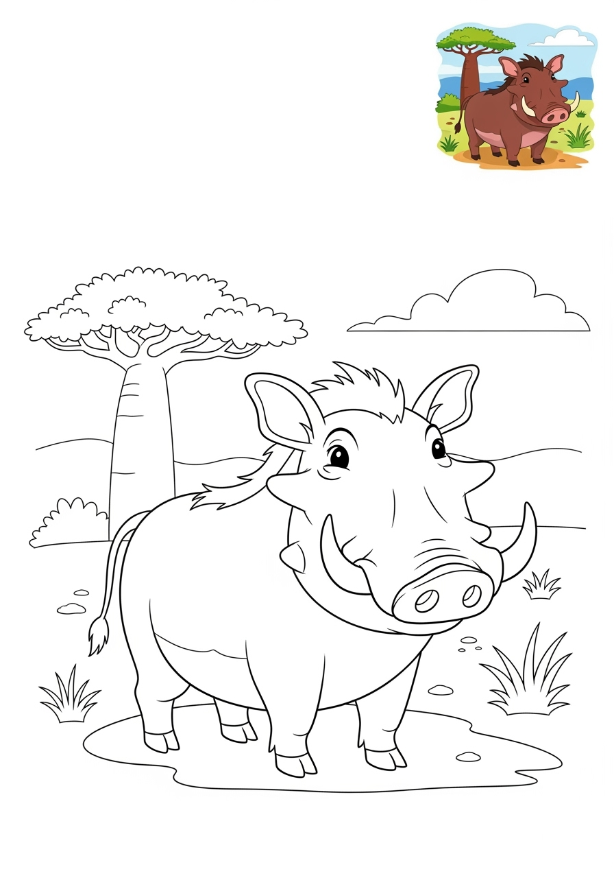 medium animals African Wildlife warthog kids coloring page 1