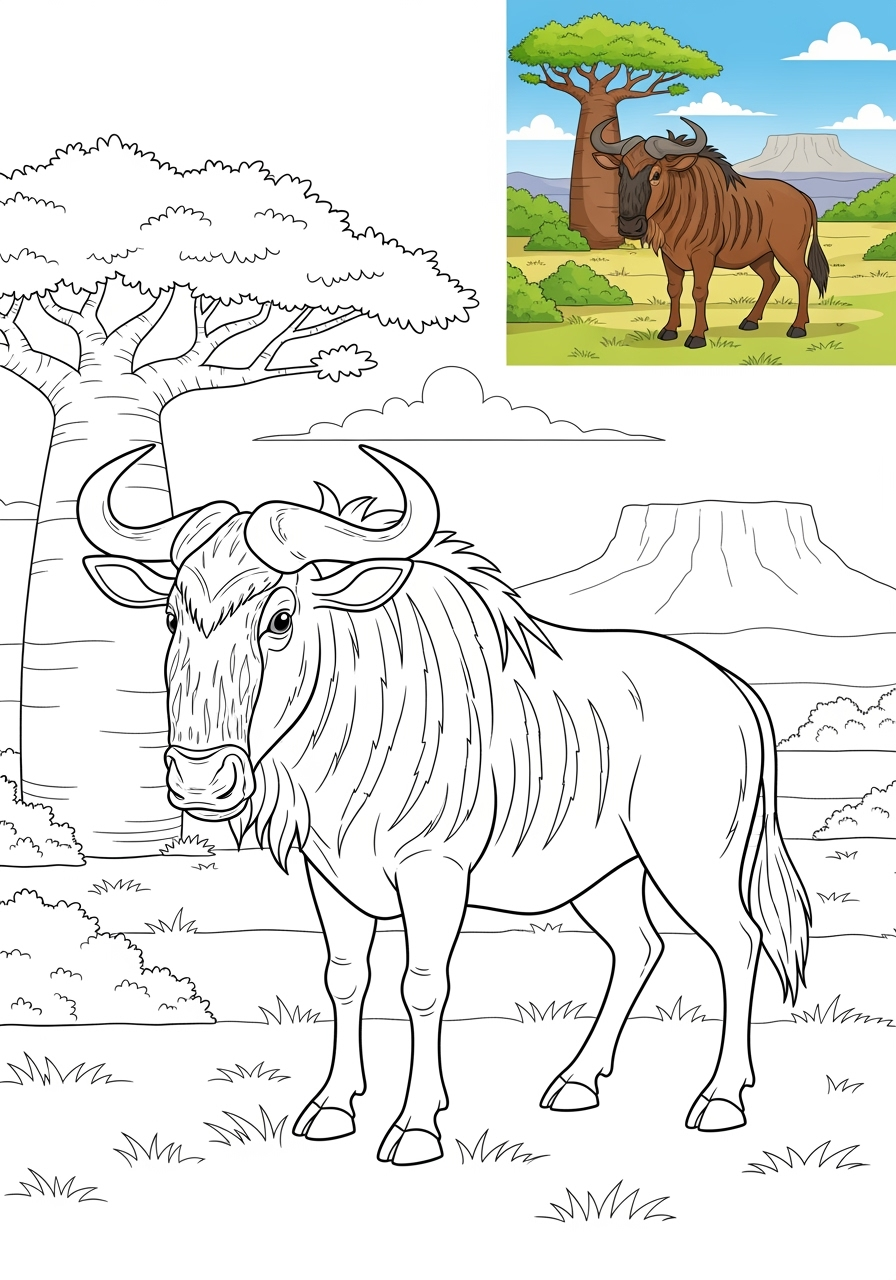 medium animals African Wildlife wildbeest kids coloring page 0