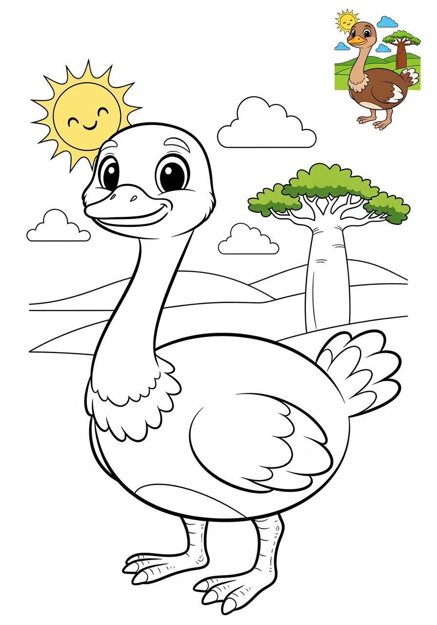 medium animals Arctic/Polar & Unique Birds/Marsupials ostrich kids coloring page 1