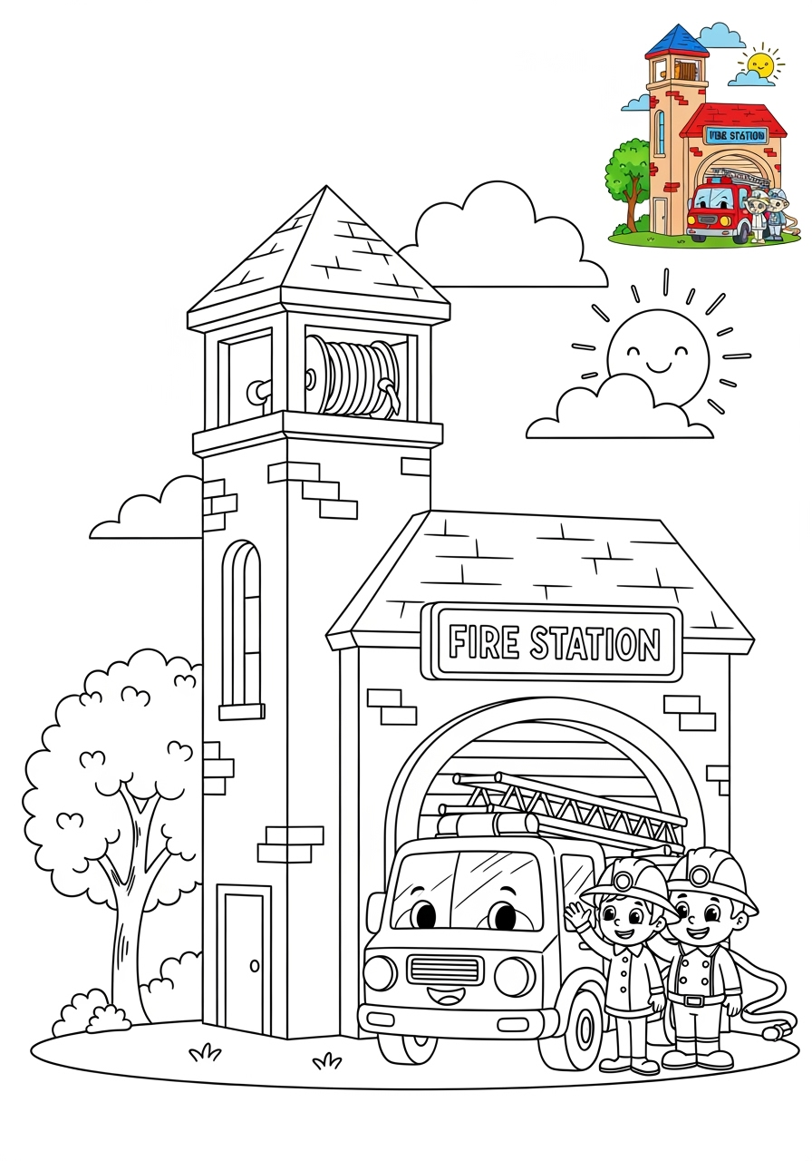 medium buildings and places Community Buildings fire station kids coloring page 0