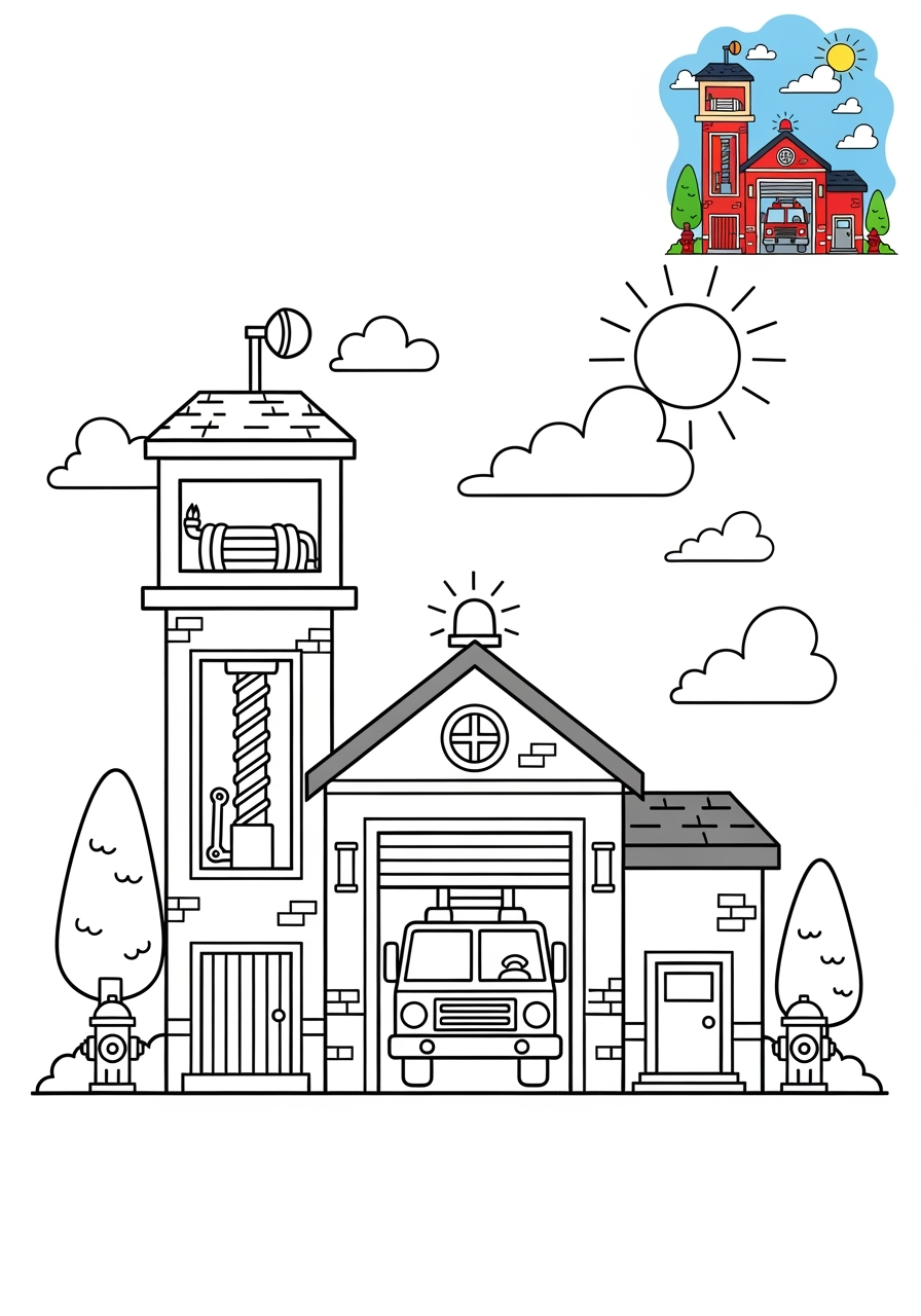 medium buildings and places Community Buildings fire station kids coloring page 1
