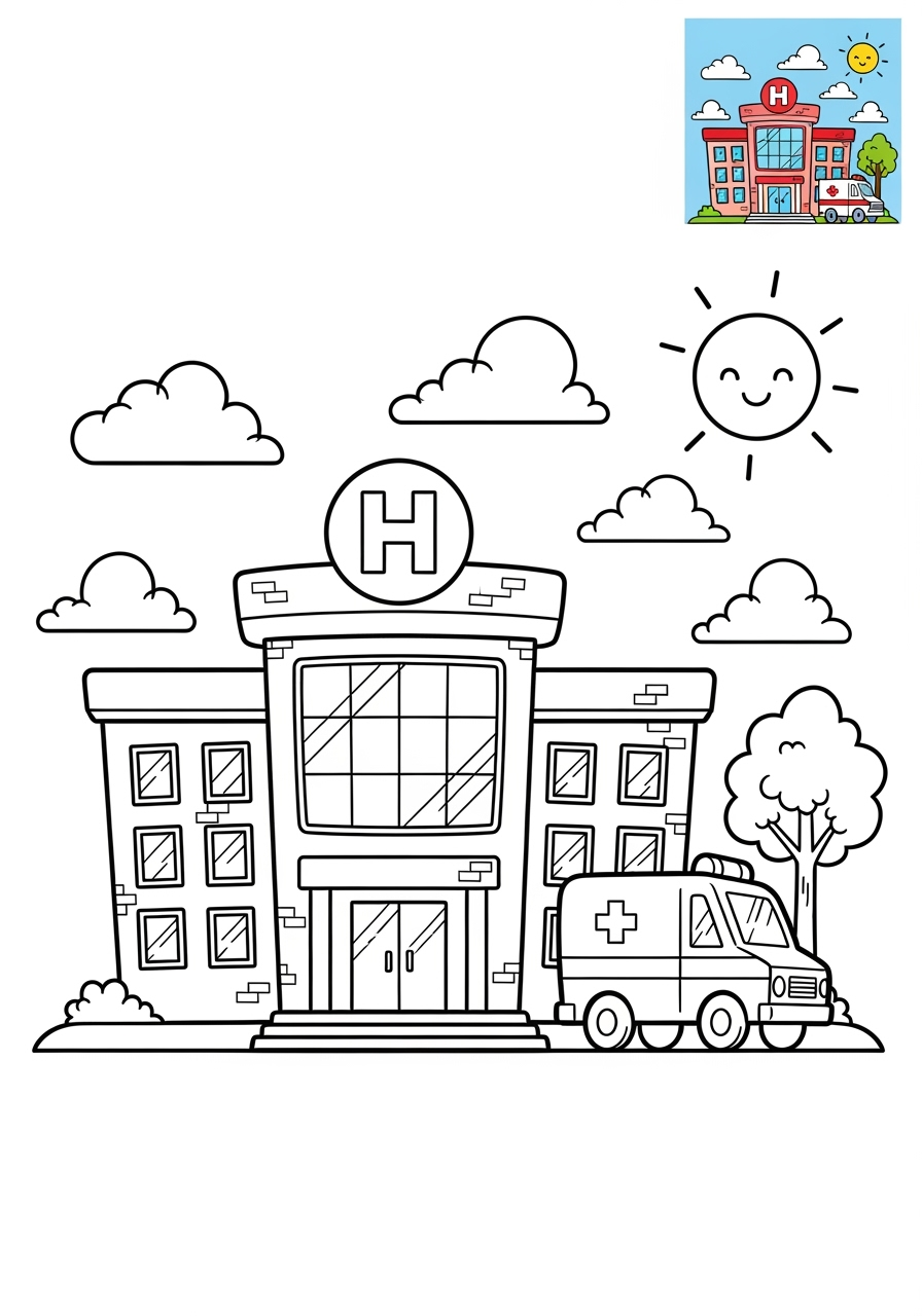medium buildings and places Community Buildings hospital kids coloring page 1