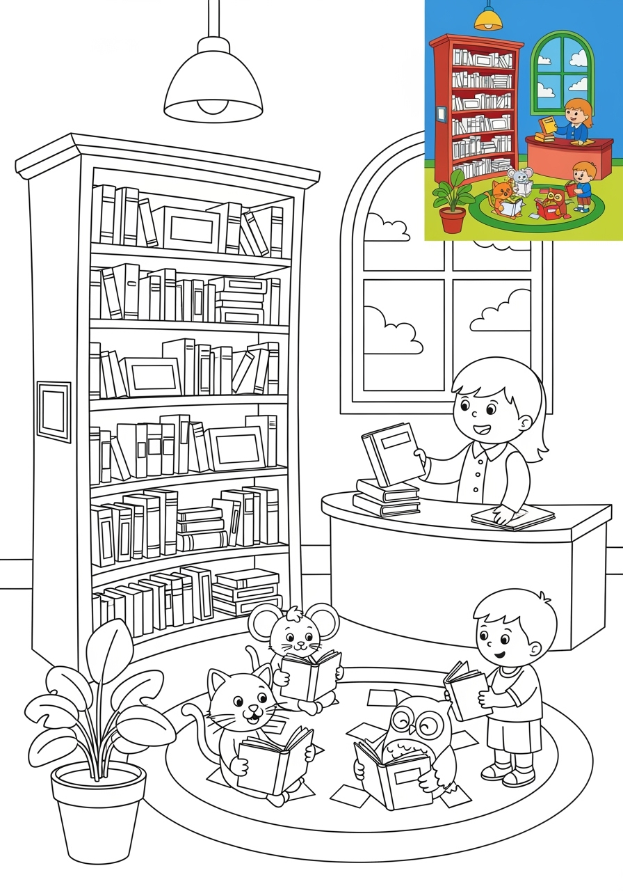 medium buildings and places Community Buildings library kids coloring page 0