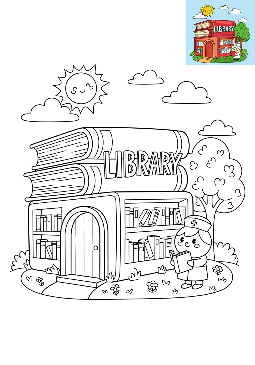 medium buildings and places Community Buildings library kids coloring page 1