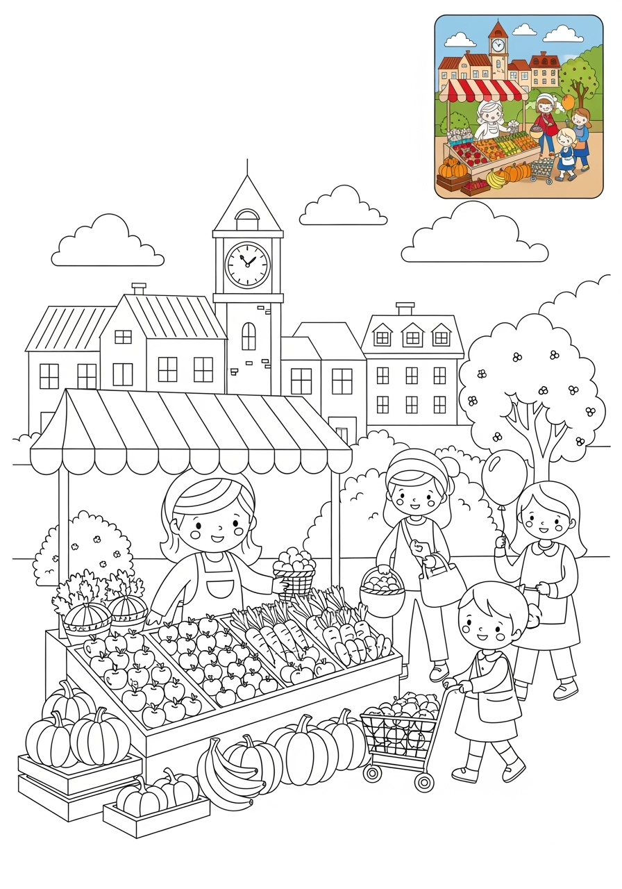 medium buildings and places Community Buildings market kids coloring page 0