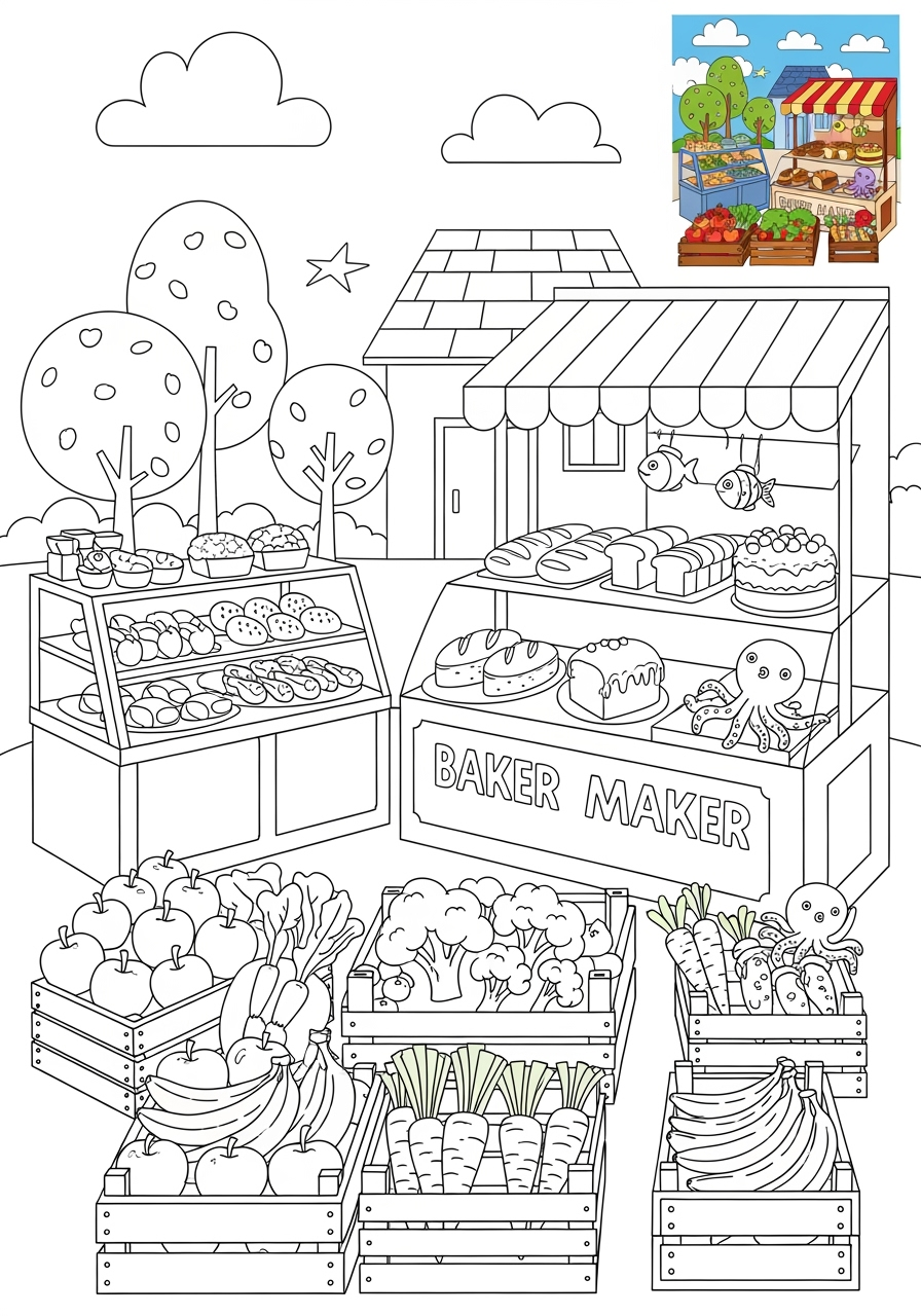 medium buildings and places Community Buildings market kids coloring page 1