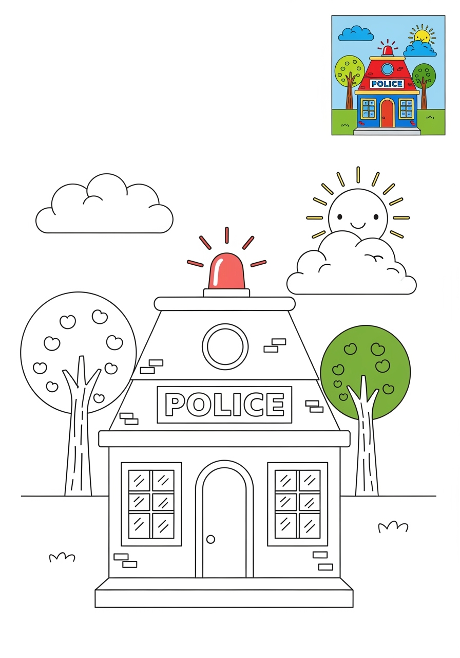 medium buildings and places Community Buildings police station kids coloring page 1