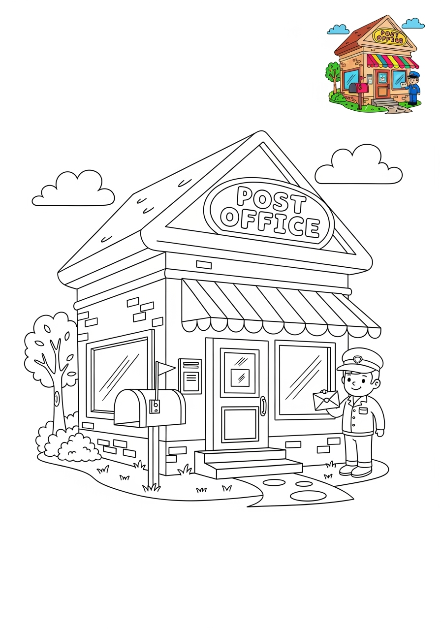 medium buildings and places Community Buildings post office kids coloring page 0