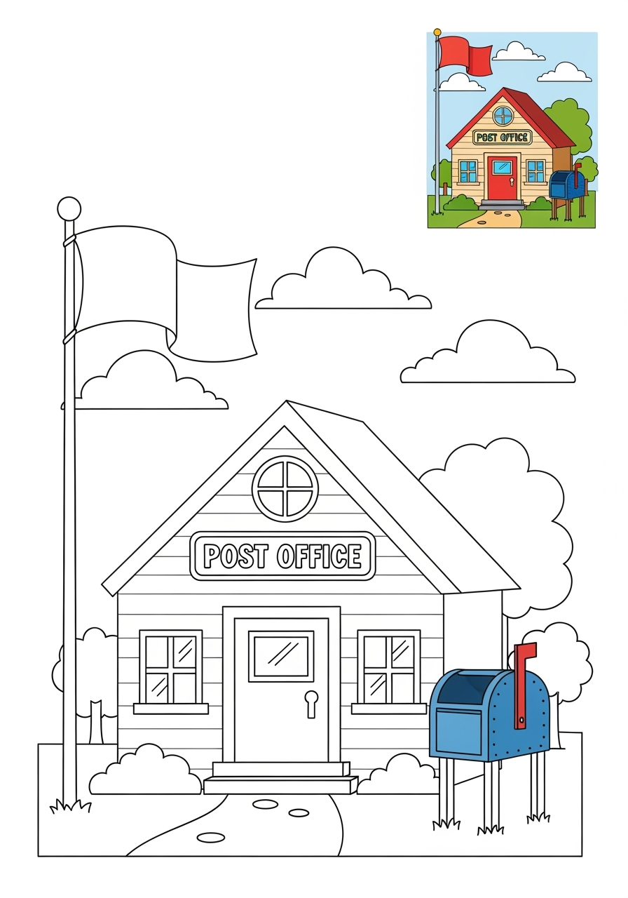 medium buildings and places Community Buildings post office kids coloring page 1