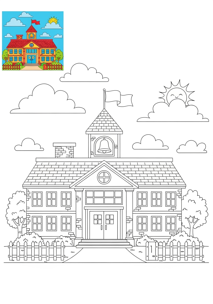 medium buildings and places Community Buildings school kids coloring page 1
