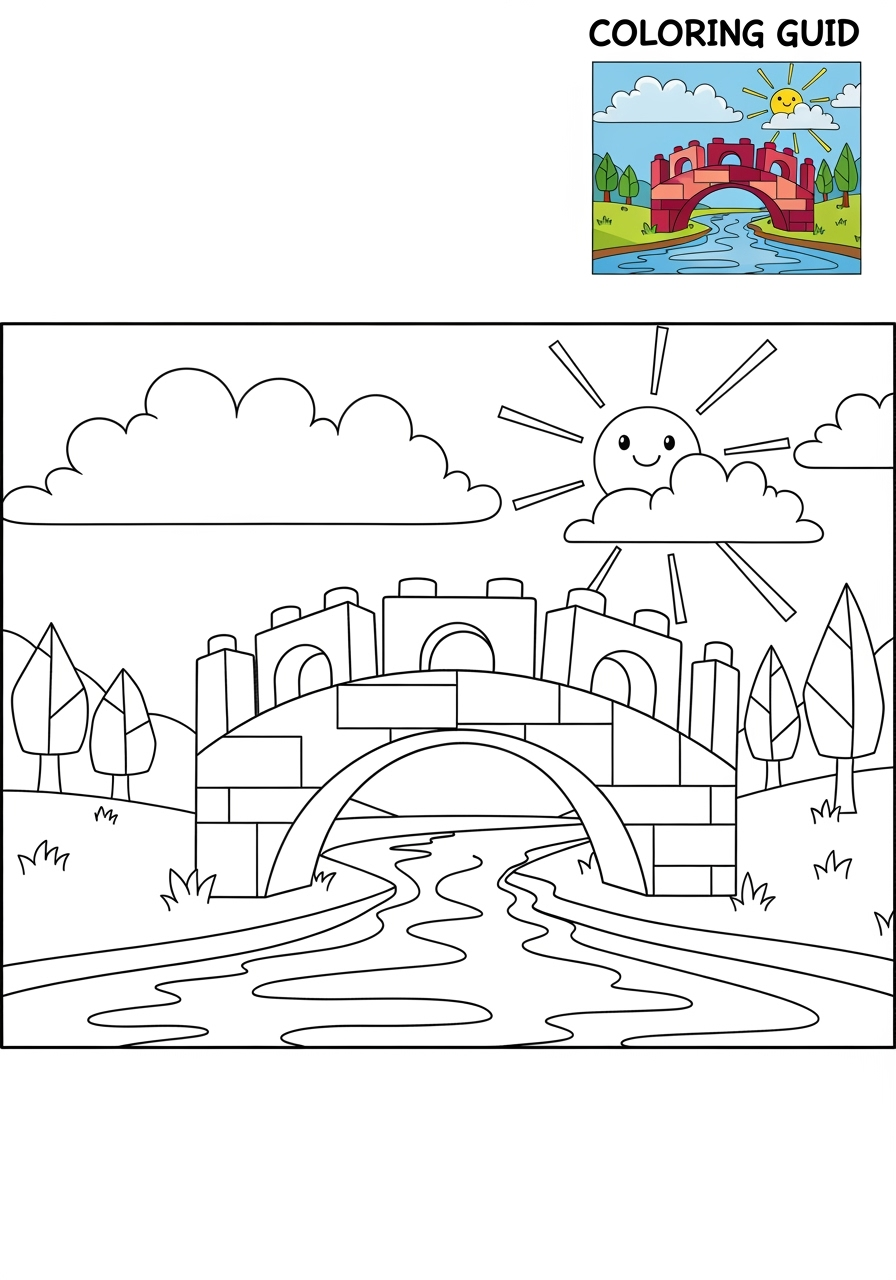 medium buildings and places Landmarks bridge kids coloring page 0