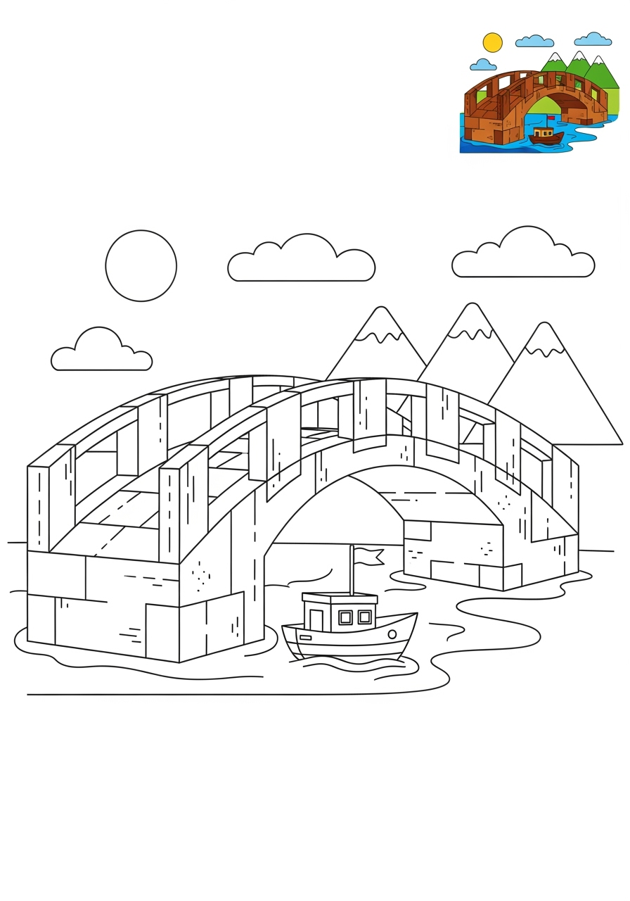 medium buildings and places Landmarks bridge kids coloring page 1