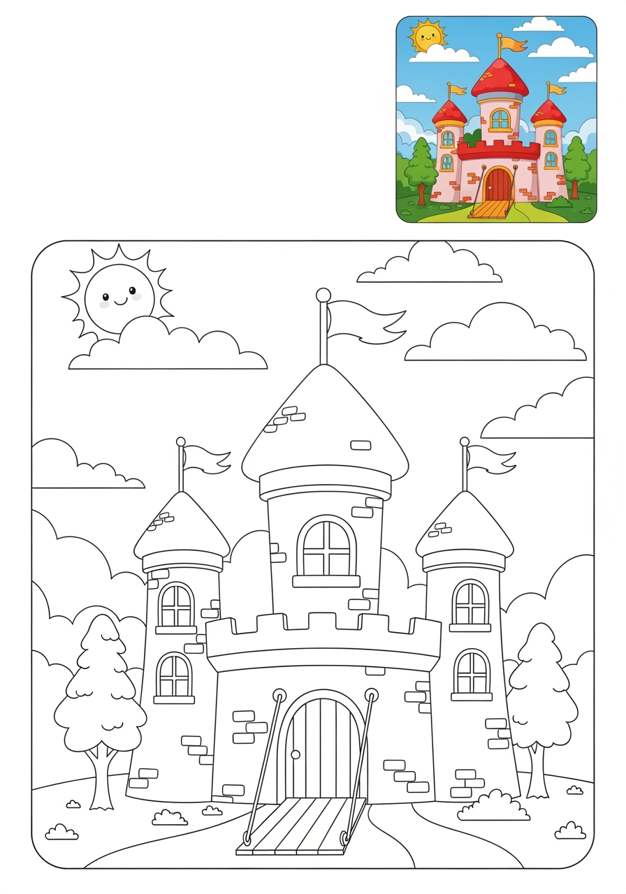 medium buildings and places Landmarks castle kids coloring page 1
