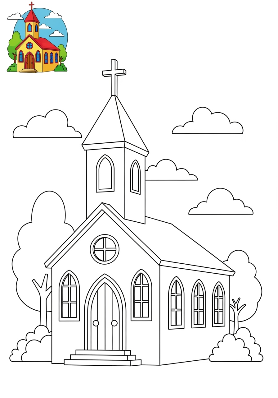 medium buildings and places Landmarks church kids coloring page 1