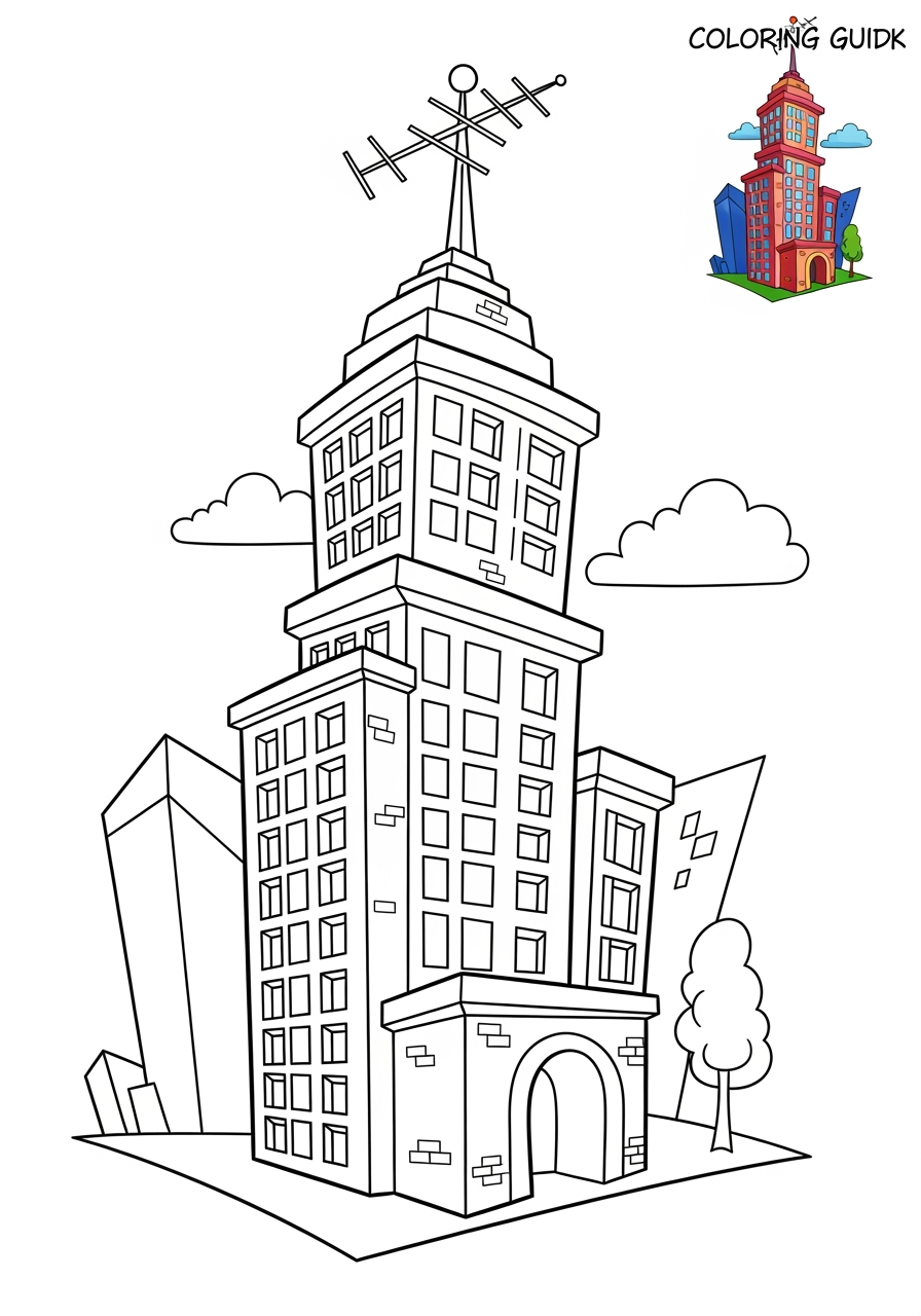 medium buildings and places Landmarks skyscraper kids coloring page 1
