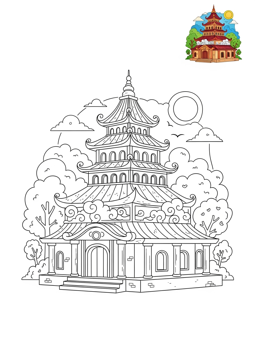 medium buildings and places Landmarks temple kids coloring page 1