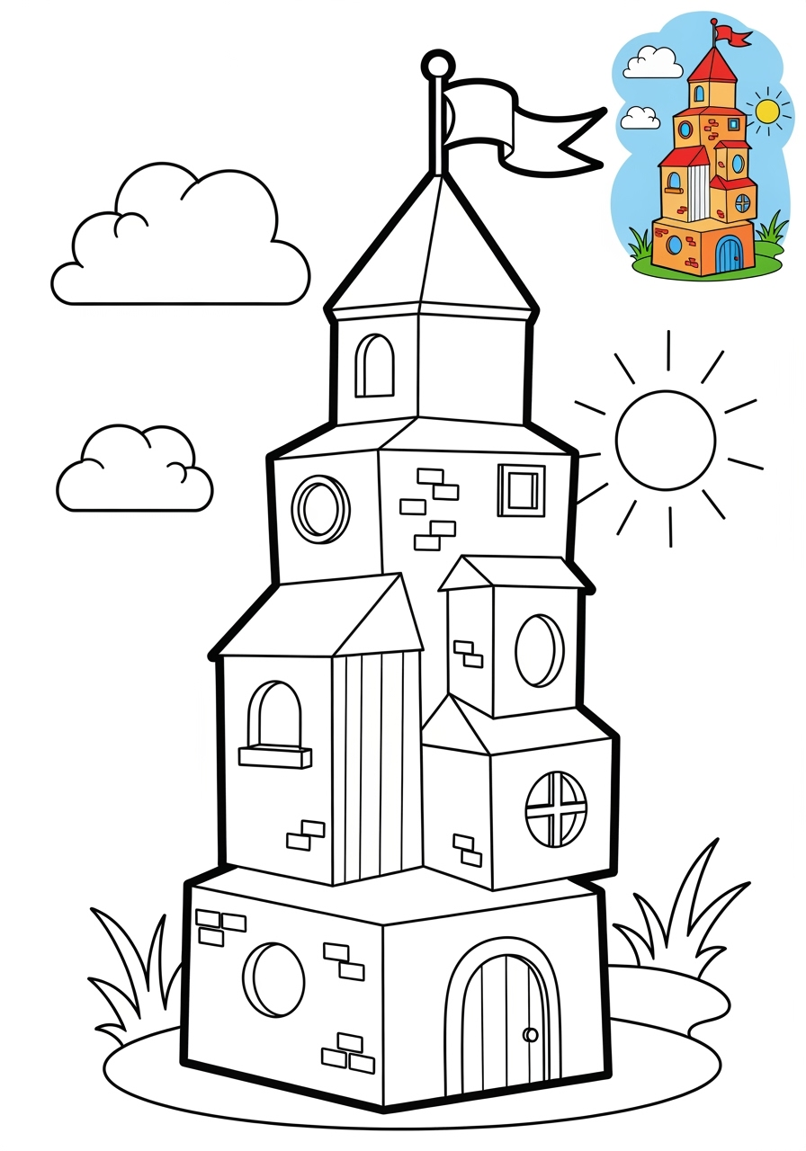 medium buildings and places Landmarks tower kids coloring page 1