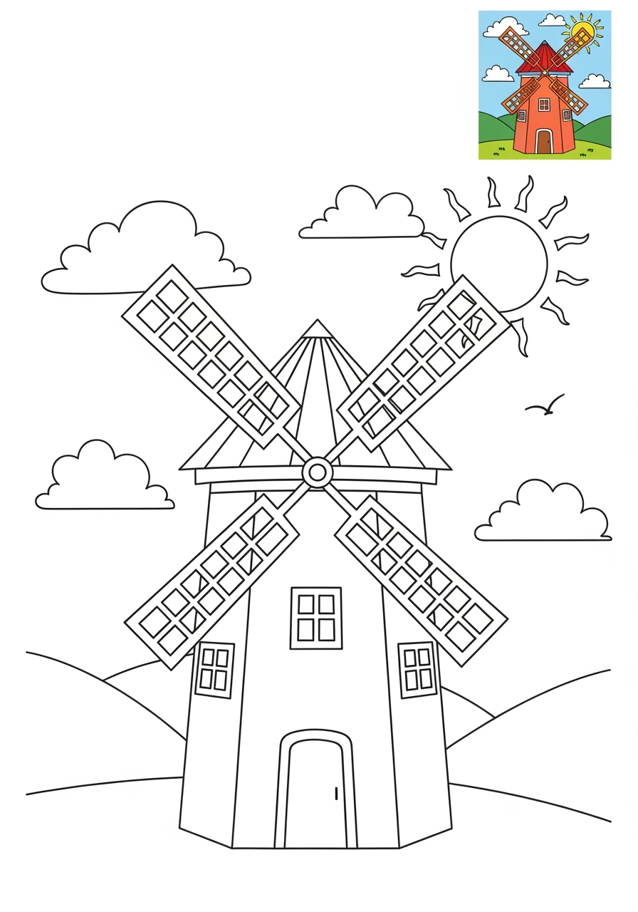medium buildings and places Landmarks windmill kids coloring page 0
