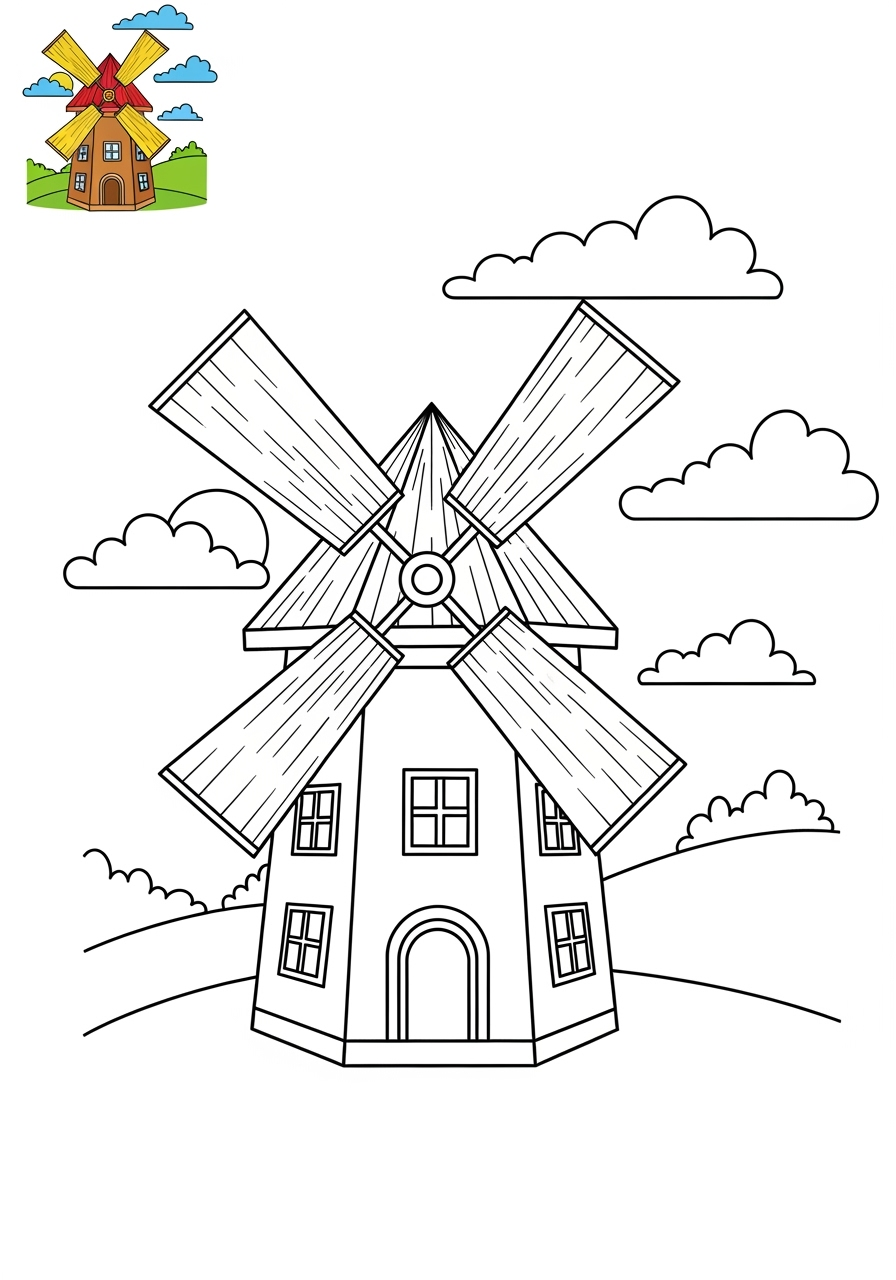 medium buildings and places Landmarks windmill kids coloring page 1
