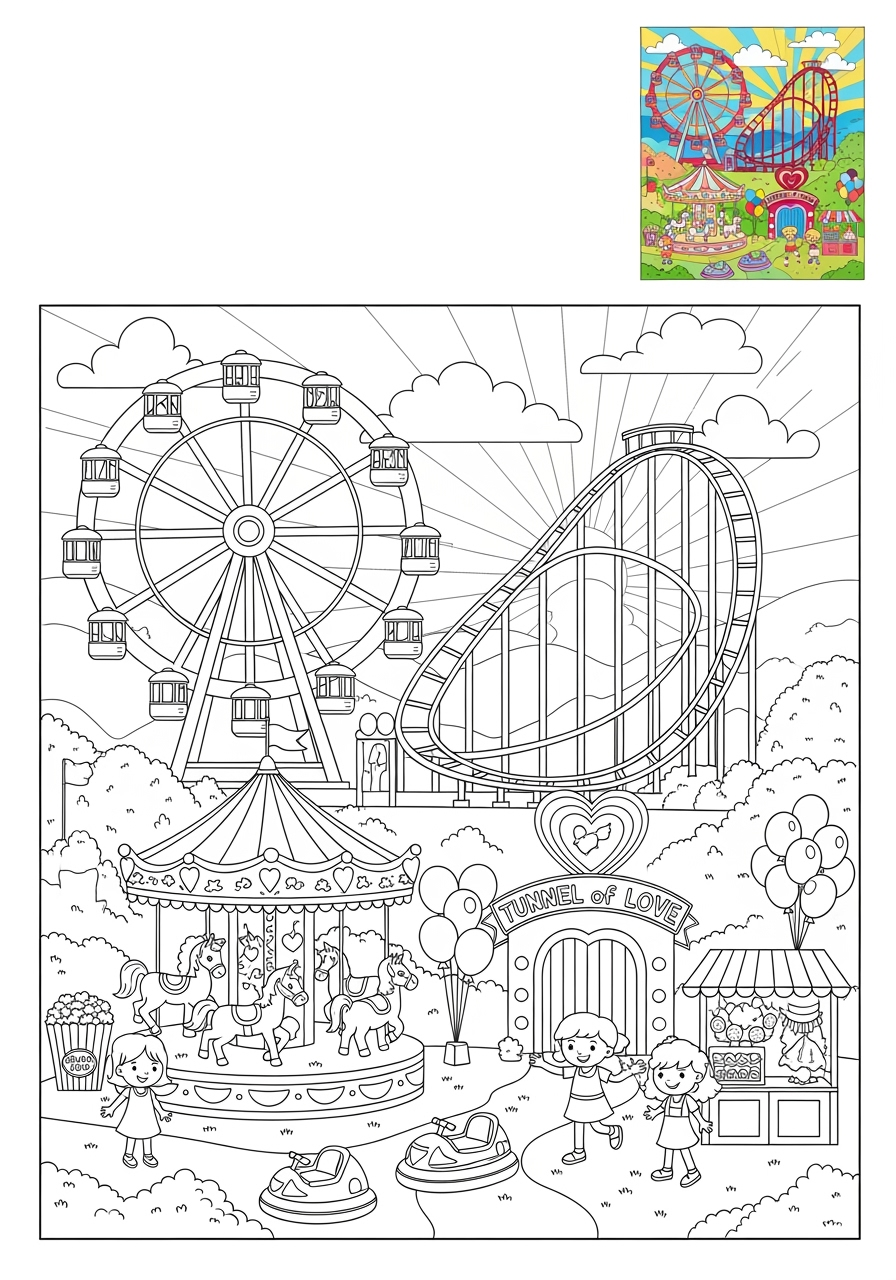 medium buildings and places Play & Fun amusement park kids coloring page 0