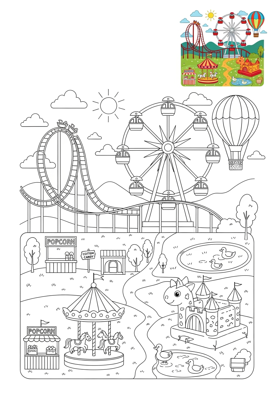 medium buildings and places Play & Fun amusement park kids coloring page 1