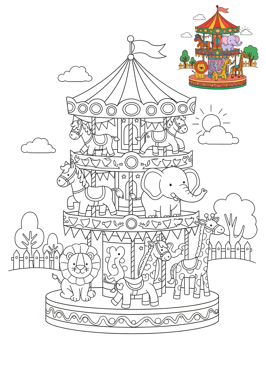 medium buildings and places Play & Fun carousel kids coloring page 0