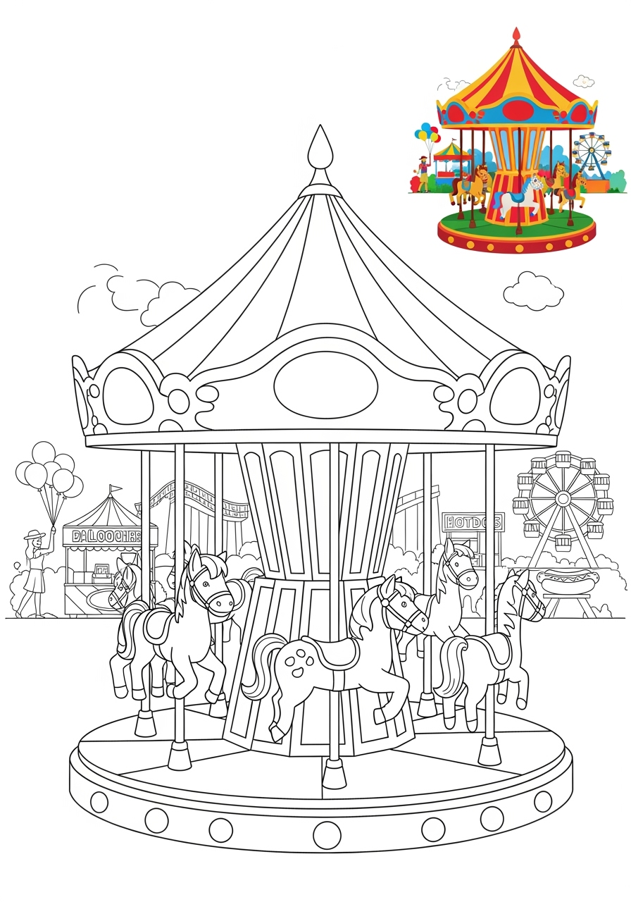 medium buildings and places Play & Fun carousel kids coloring page 1