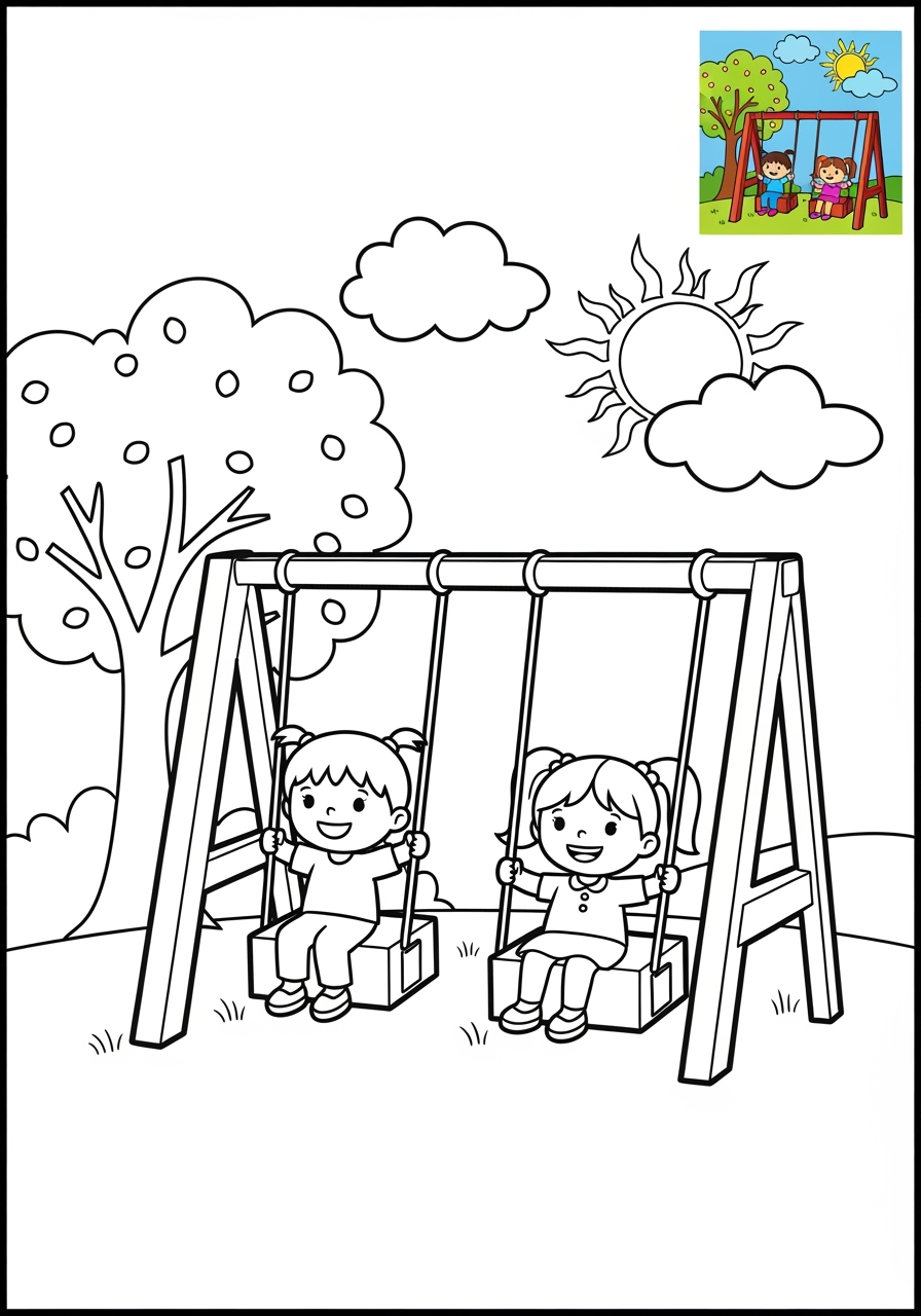 medium buildings and places Play & Fun swing kids coloring page 1
