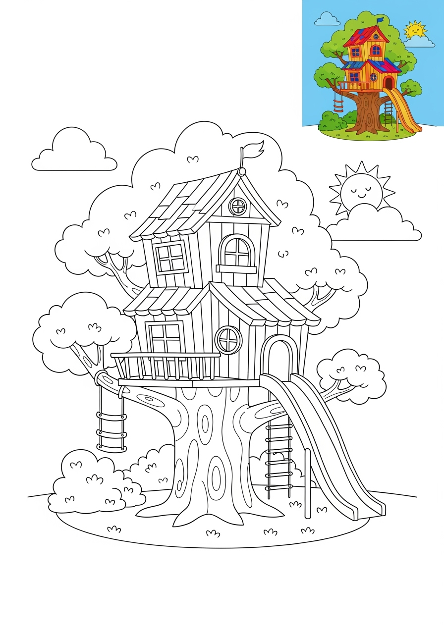 medium buildings and places Play & Fun treehouse kids coloring page 0