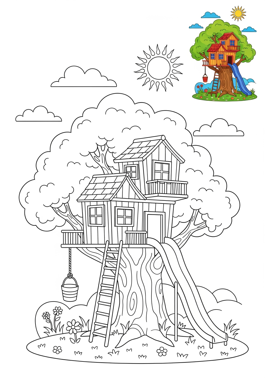medium buildings and places Play & Fun treehouse kids coloring page 1