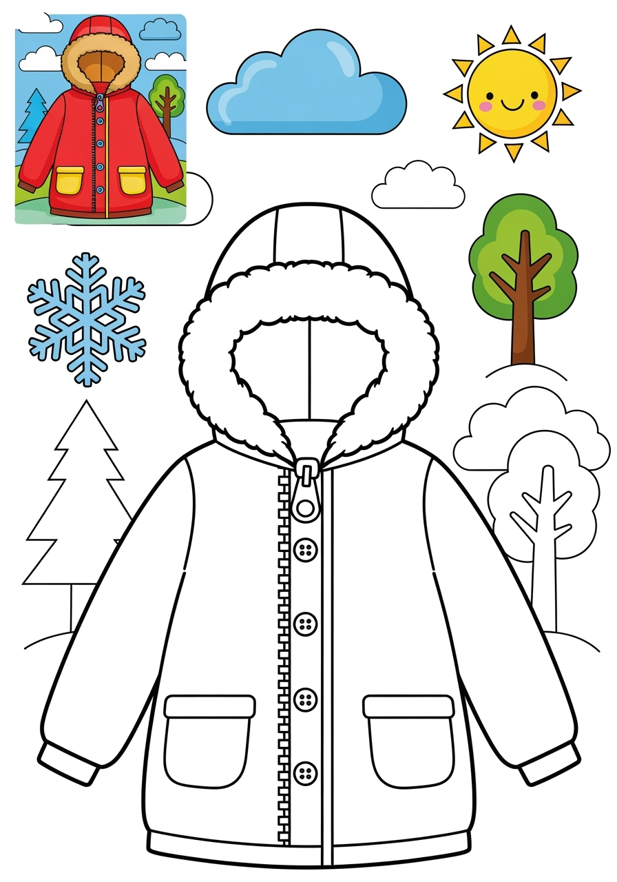 medium clothing and accessories Seasonal Wear parka kids coloring page 1